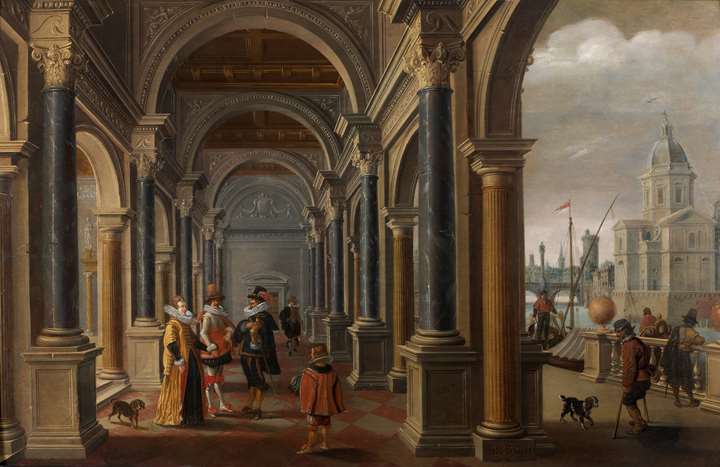 An Arcade with elegant Figures, a City View to the right.